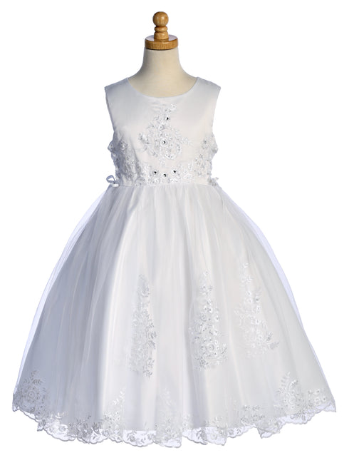 Girls White Embroidered Tulle Corset Sides Satin Communion Dress 6-12